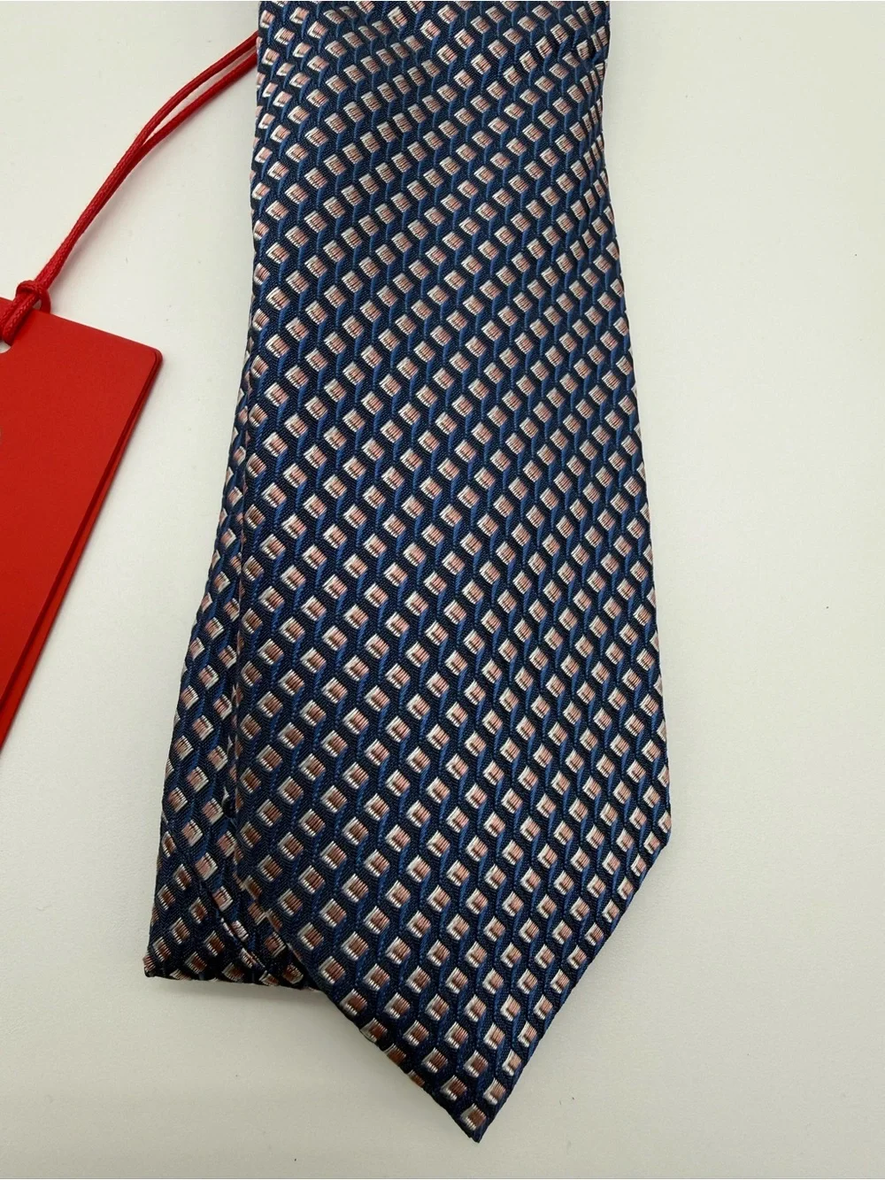 HUGO Navy Tie with Light Blue Diamond Micro-Pattern